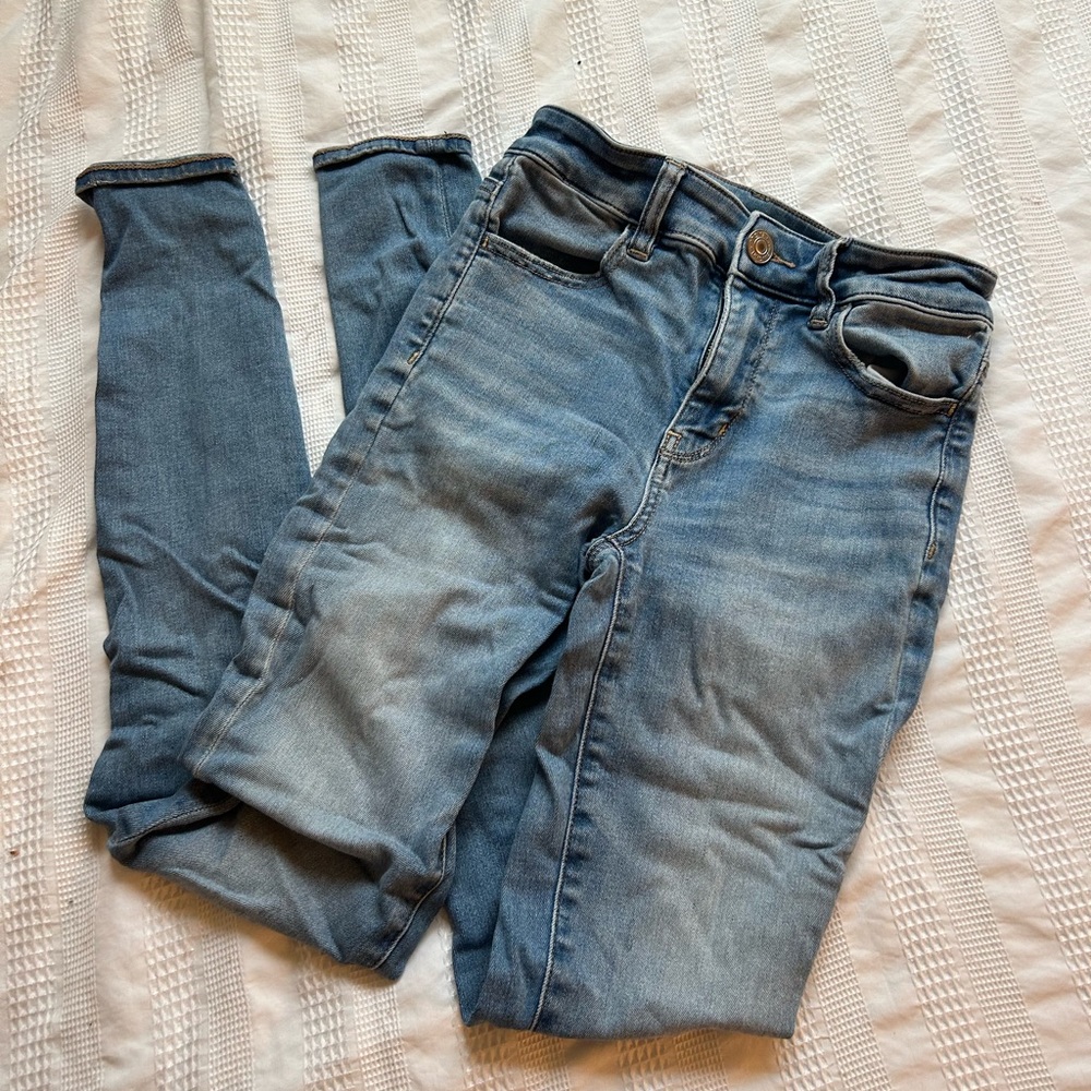 american eagle blue high rise skinny jeans, size 2 long
